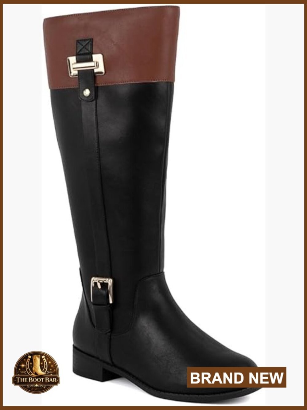 Knee-High Riding Boots with Gold Buckle & Side Zipper